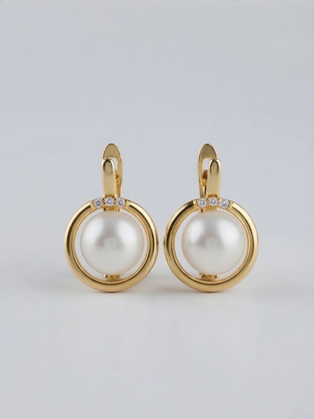 White Cultured Pearl Stud Leverback Earrings in 14k Gold on Sterling Silver ๐